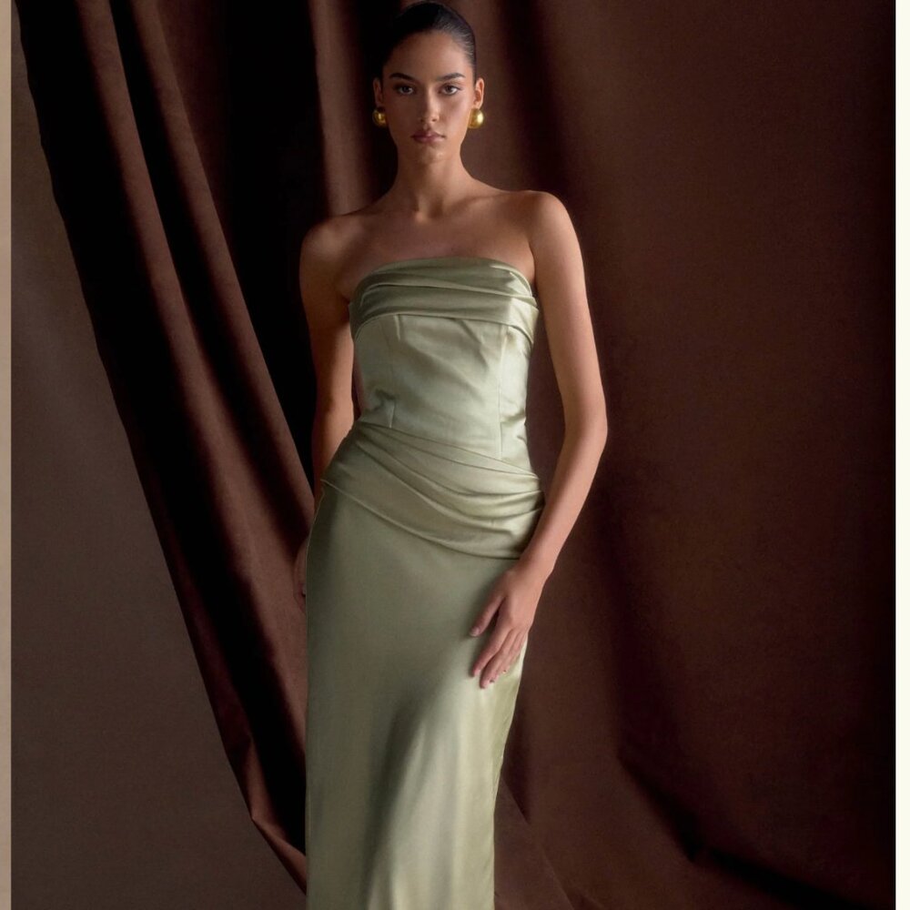 Jasmine Strapless Satin Maxi Dress - Sage